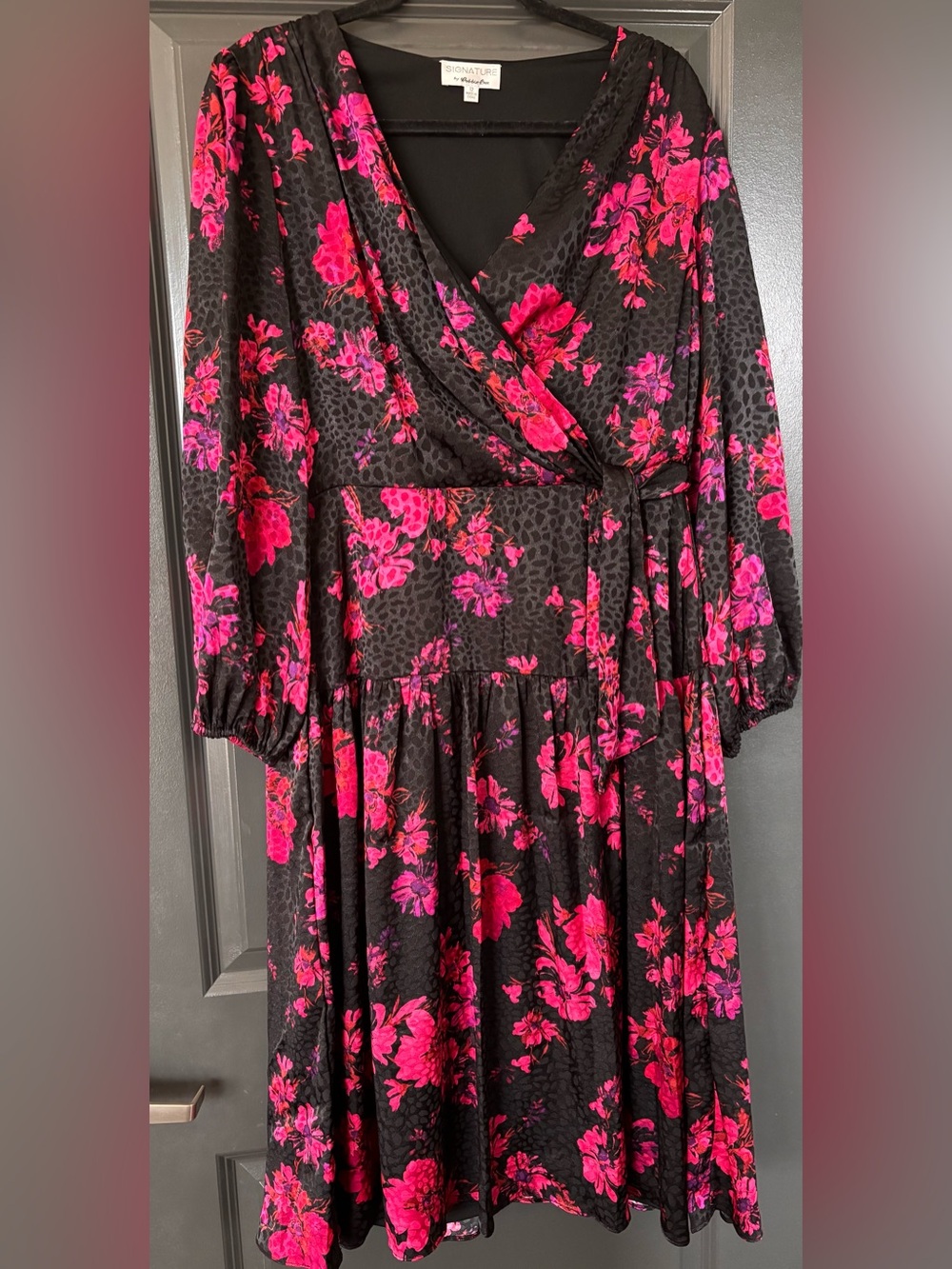 Signature by Robbie Bee Black Dress with Hot Pink Floral Print
